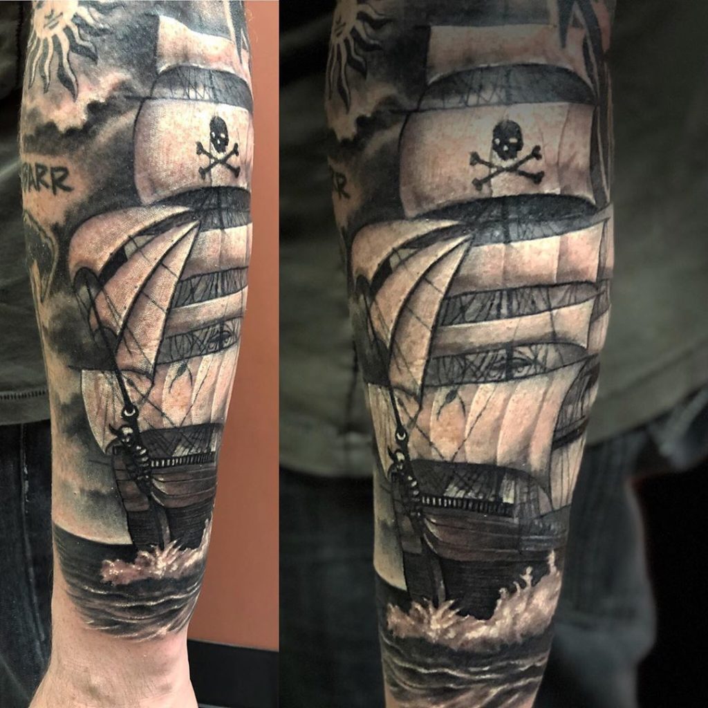 Pure Ink Tattoo - NJ - Ian Shafer - Black Grey Ship Tattoo