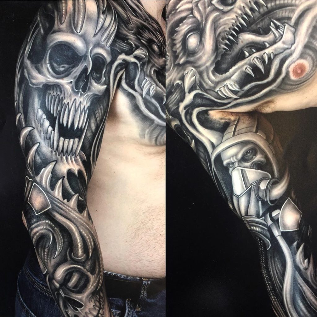 Pure Ink Tattoo - NJ - Ian Shafer - Black Grey Skull Bio Mech Tattoo